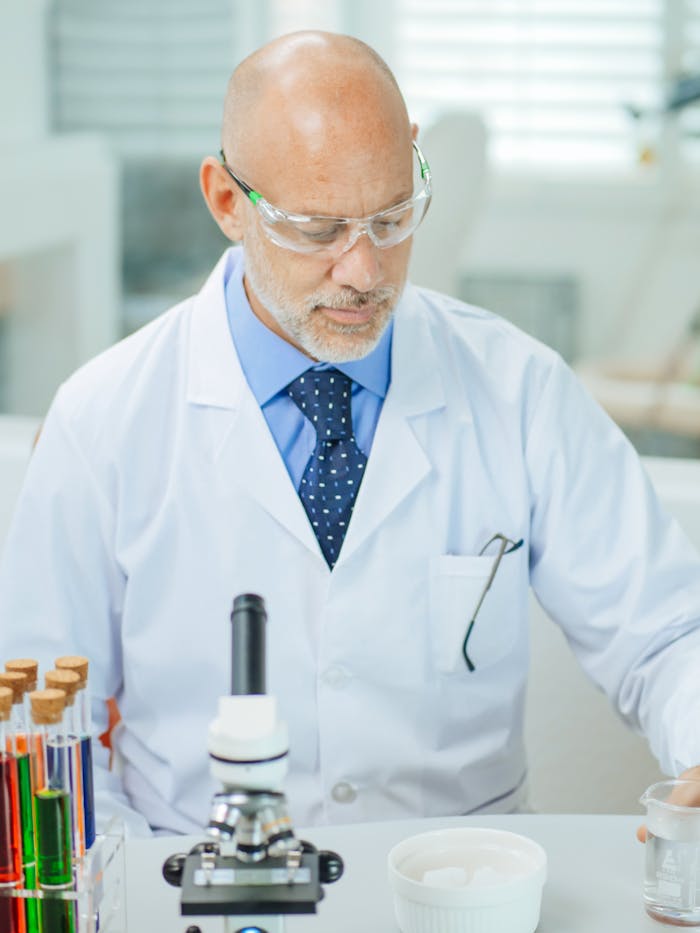 Services 2 Male scientist analyzing samples in a laboratory setting wearing safety goggles and a lab coat.