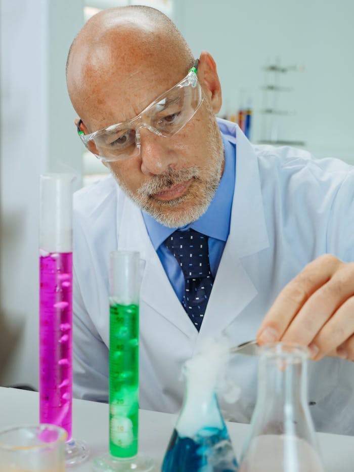 The Art of Drawing Readers In: Your attractive post title goes here 2 A senior scientist conducts experiments in a modern laboratory with colorful chemicals.